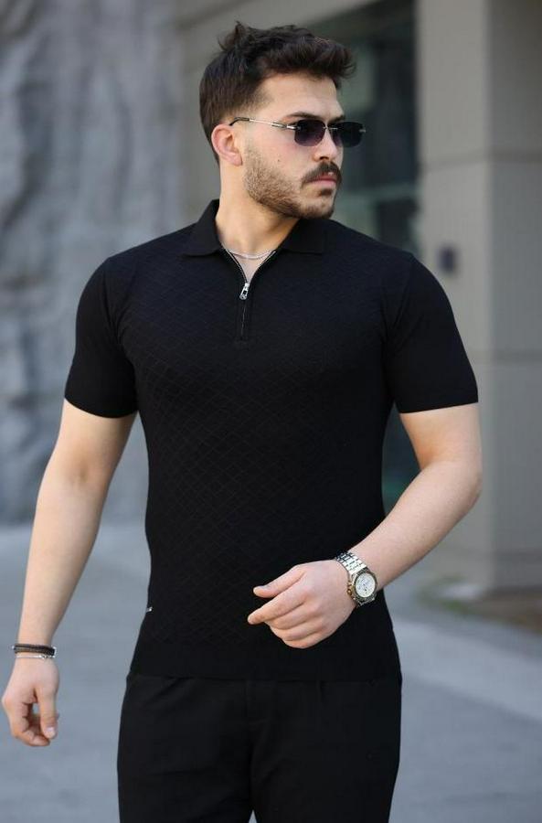 Viskon Kumaş Polo Yaka Desenli Tişört