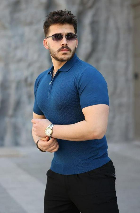 Viskon Kumaş Polo Yaka Desenli Tişört