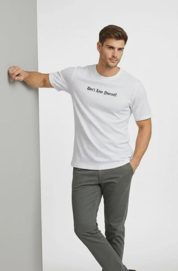 Wafıl Kumaş Tişört Regular Kalıp Bisiklet Yaka Baskılı Günlük Basic T-Shirt
