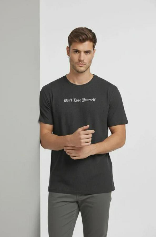 Wafıl Kumaş Tişört Regular Kalıp Bisiklet Yaka Baskılı Günlük Basic T-Shirt