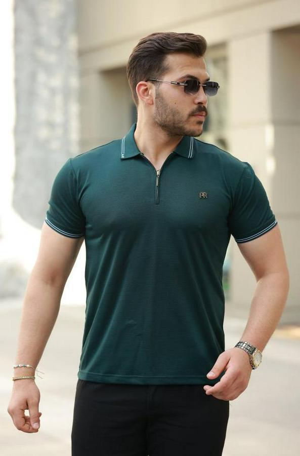 Yaka Ve Kolları Çizgi Detaylı Fermuar Yakalı Kısa Kollu Tişört