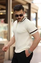 Yaka Ve Kolları Çizgi Detaylı Fermuarlı Kısa Kollu T-Shirt