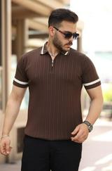 Yaka Ve Kolları Çizgi Detaylı Fermuarlı Kısa Kollu T-Shirt