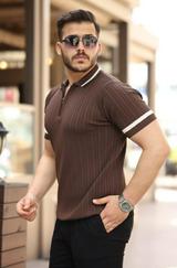 Yaka Ve Kolları Çizgi Detaylı Fermuarlı Kısa Kollu T-Shirt