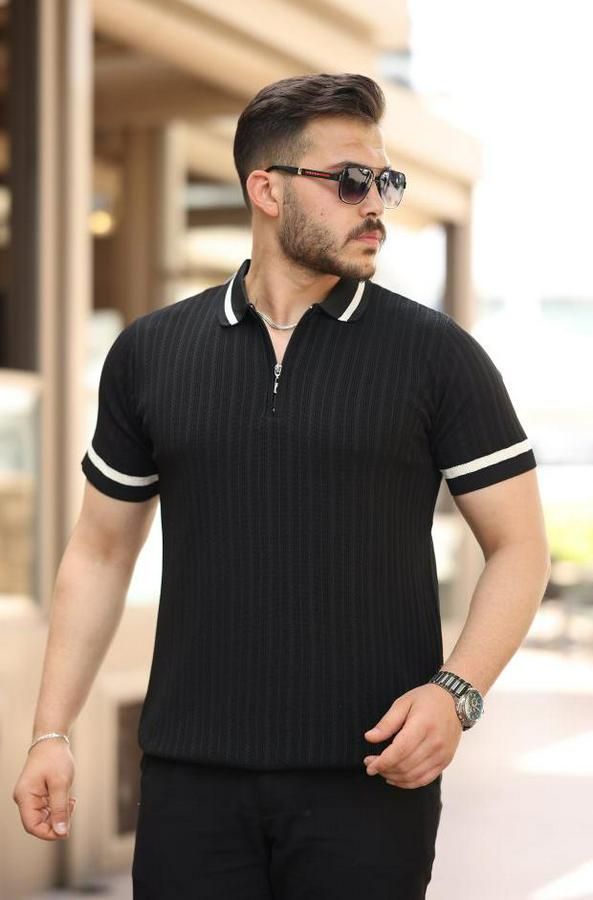 Yaka Ve Kolları Çizgi Detaylı Fermuarlı Kısa Kollu T-Shirt