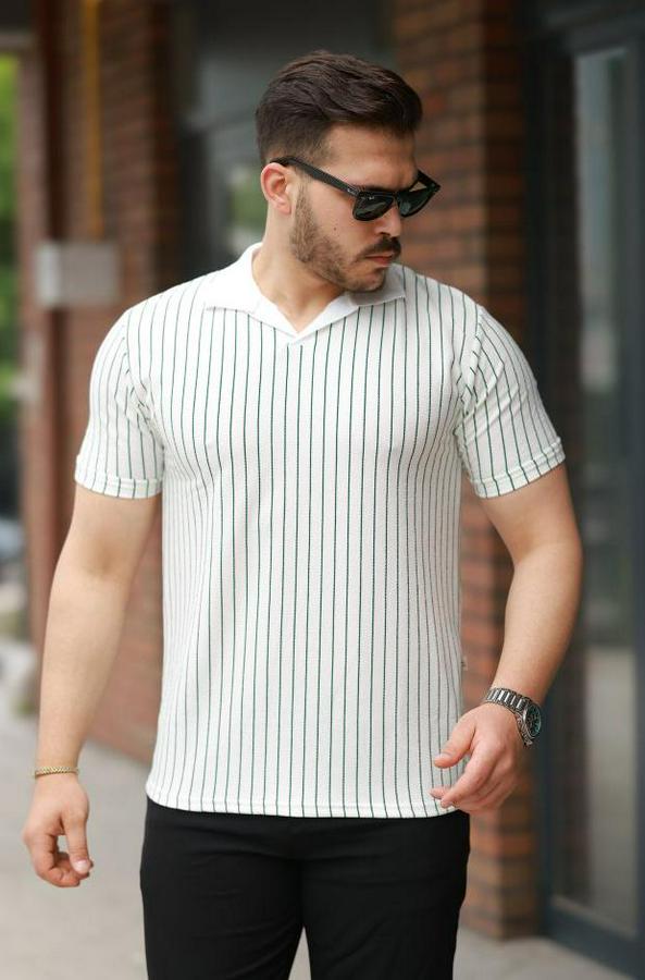 Yakalı Çizgi Desenli Kısa Kollu Tişört