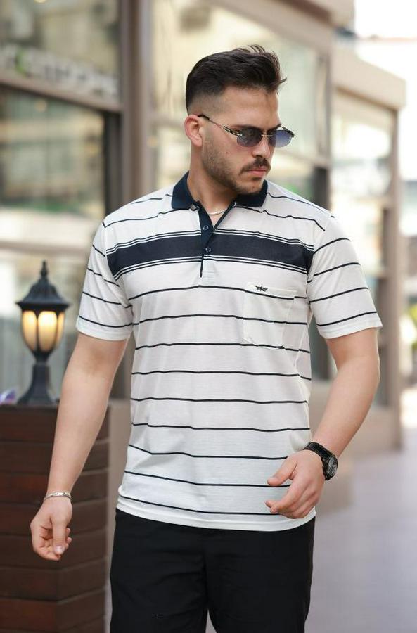 Yakalı Çizgili Kısa Kollu T-Shirt