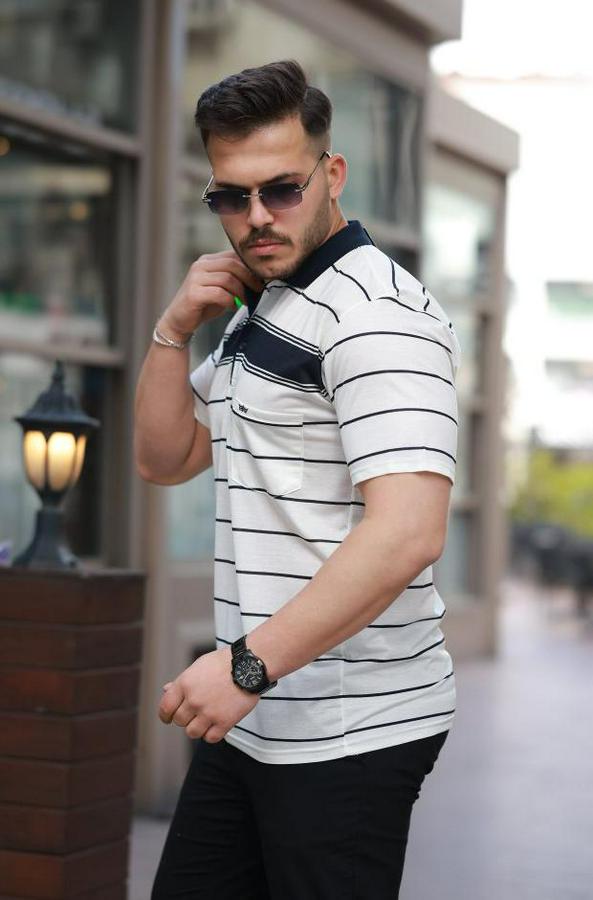 Yakalı Çizgili Kısa Kollu T-Shirt