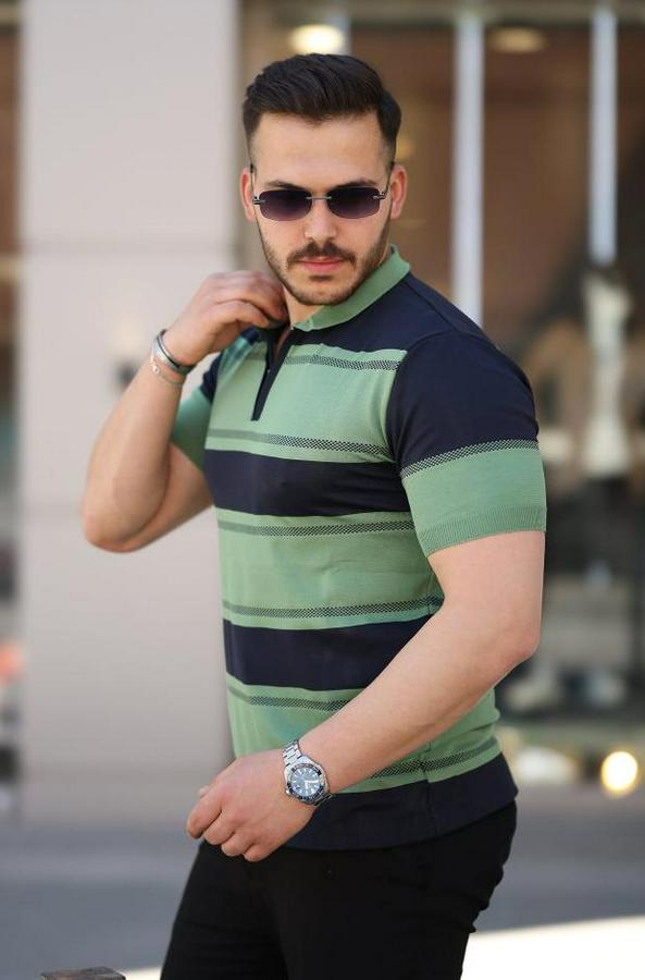 Yakalı Fermuarlı Çift Renk Kısa Kollu T-Shirt