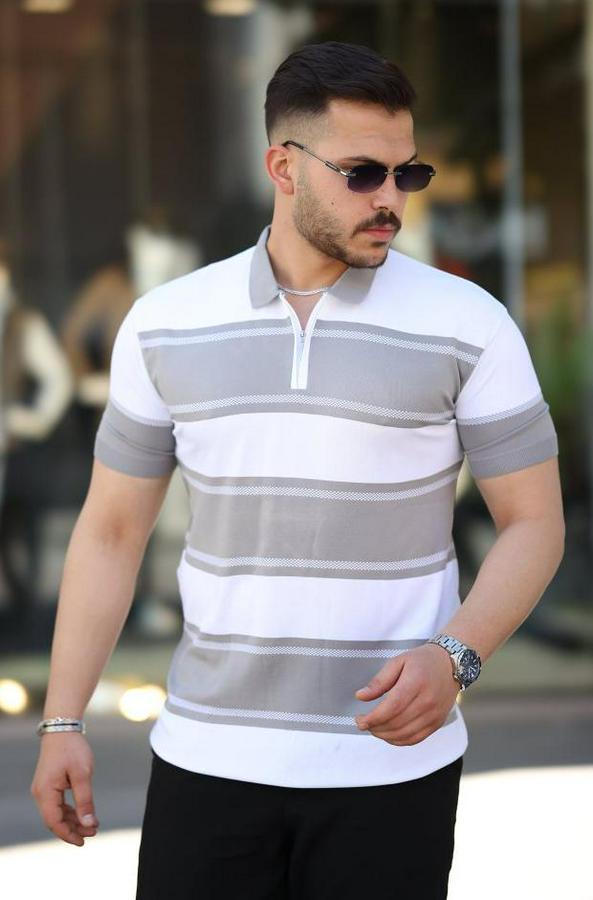 Yakalı Fermuarlı Çift Renk Kısa Kollu T-Shirt