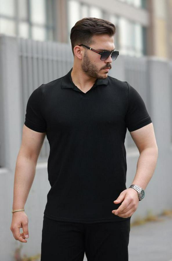 Yakalı Waffle Dokulu Kısa Kollu Tişört