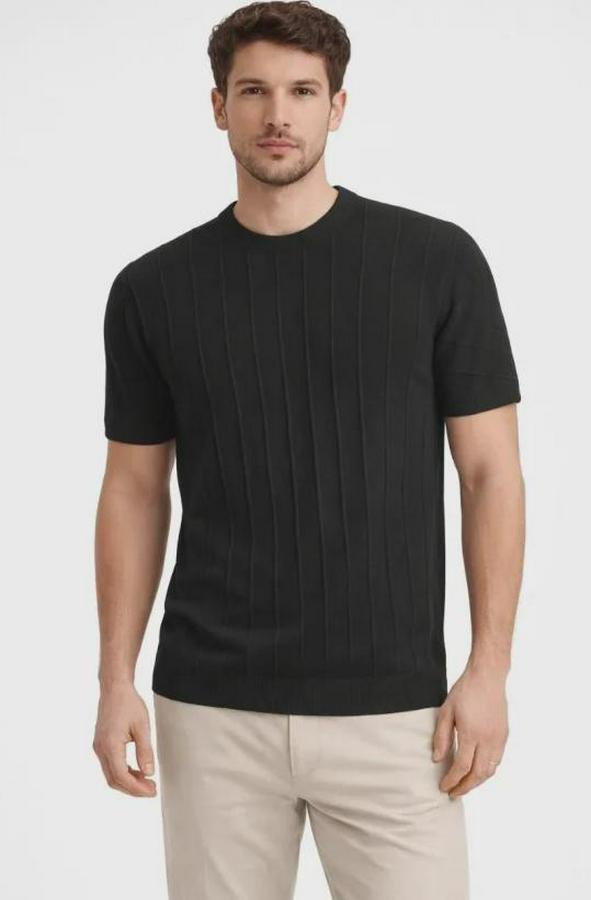 Yazlık Fitilli Triko Tişört Kısa Kol Bisiklet Yaka T-Shirt