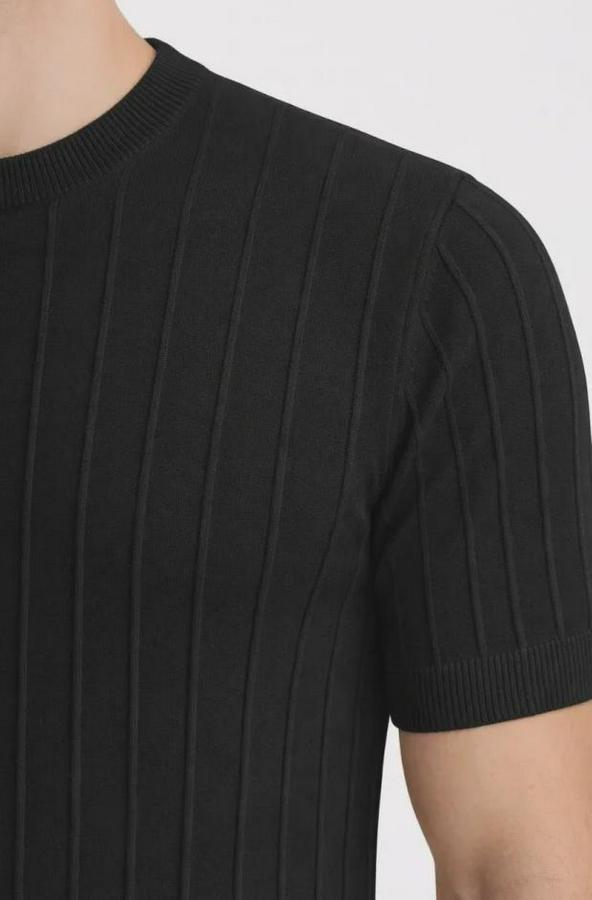 Yazlık Fitilli Triko Tişört Kısa Kol Bisiklet Yaka T-Shirt