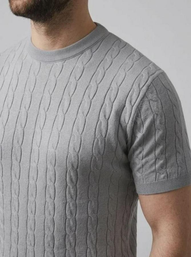 Yazlık Triko Dokuma Tişört Kısa Kol Bisiklet Yaka Örgü Desenli T-Shirt
