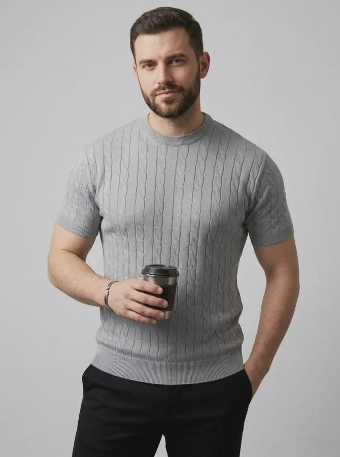 Yazlık Triko Dokuma Tişört Kısa Kol Bisiklet Yaka Örgü Desenli T-Shirt