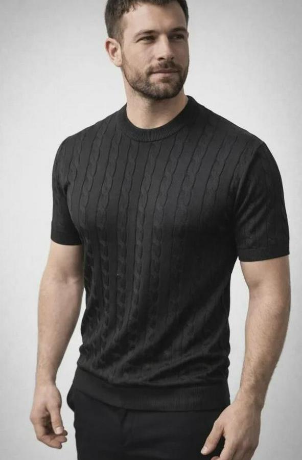 Yazlık Triko Dokuma Tişört Kısa Kol Bisiklet Yaka Örgü Desenli T-Shirt