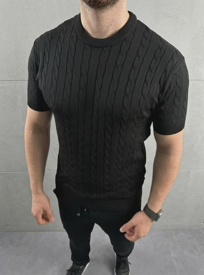 Yazlık Triko Dokuma Tişört Kısa Kol Bisiklet Yaka Örgü Desenli T-Shirt