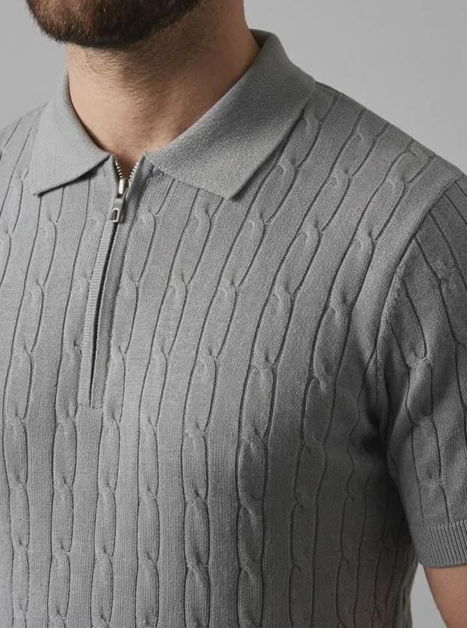 Yazlık Triko Saç Örgü Tişört Kısa Kol Polo Yaka Fermuarlı T-Shirt