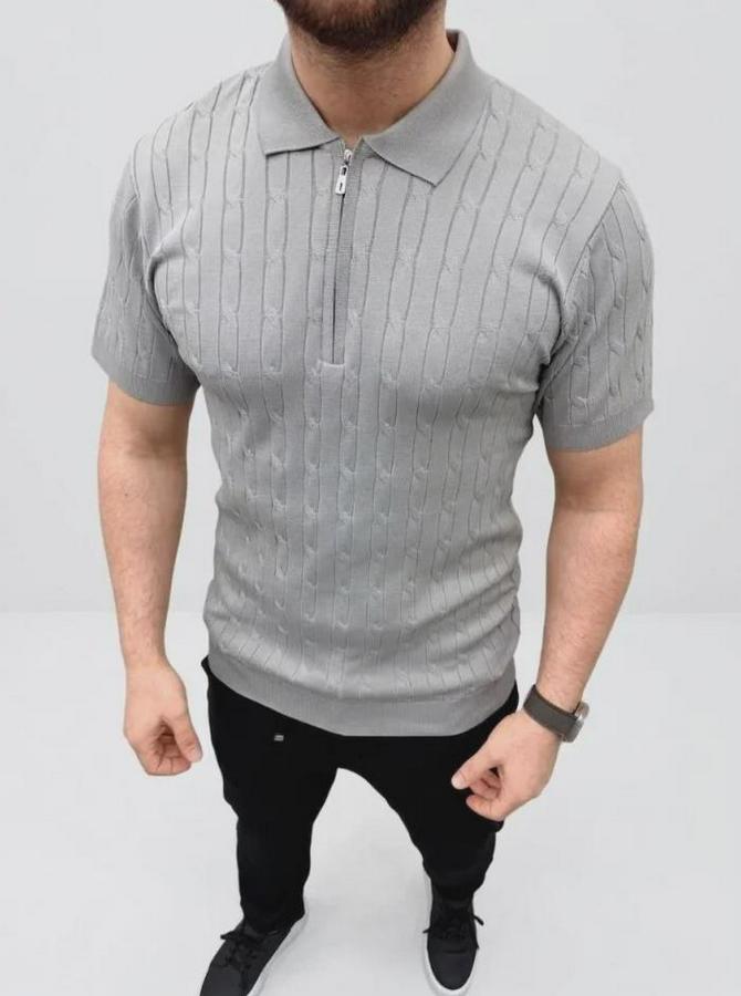 Yazlık Triko Saç Örgü Tişört Kısa Kol Polo Yaka Fermuarlı T-Shirt