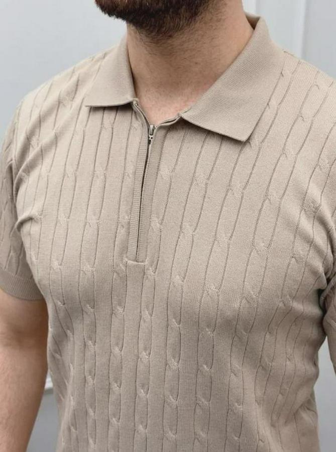 Yazlık Triko Saç Örgü Tişört Kısa Kol Polo Yaka Fermuarlı T-Shirt