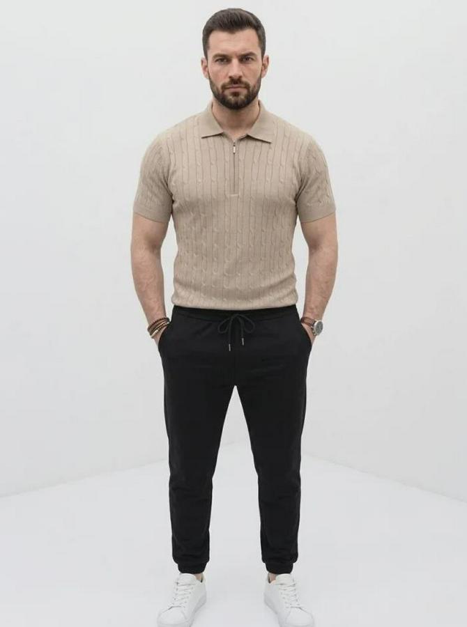 Yazlık Triko Saç Örgü Tişört Kısa Kol Polo Yaka Fermuarlı T-Shirt