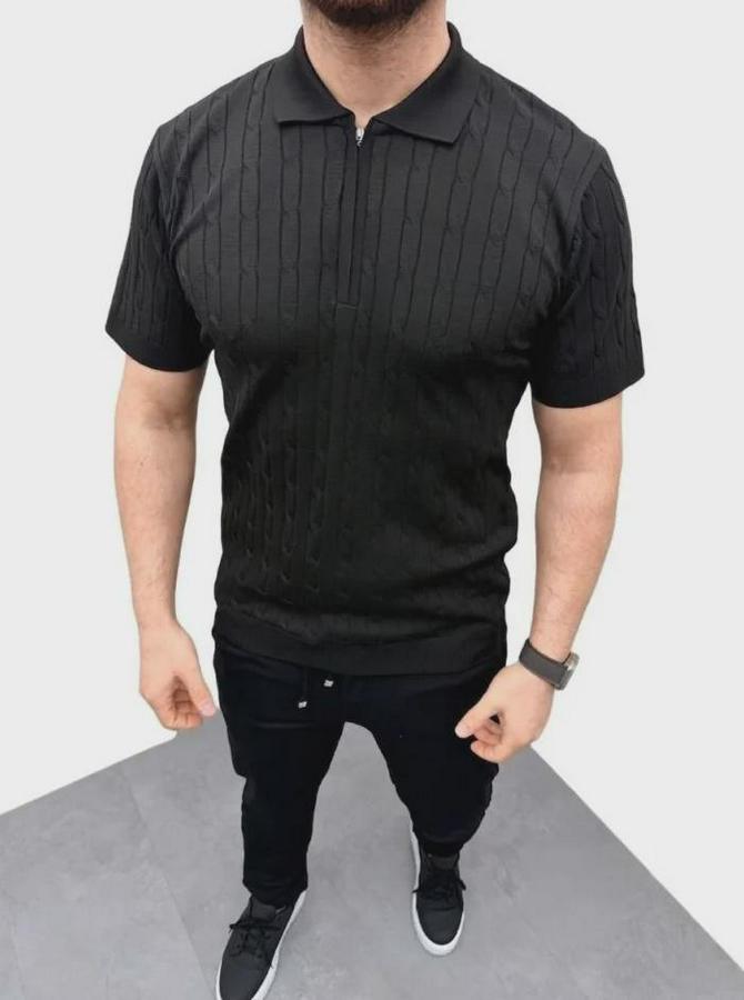 Yazlık Triko Saç Örgü Tişört Kısa Kol Polo Yaka Fermuarlı T-Shirt