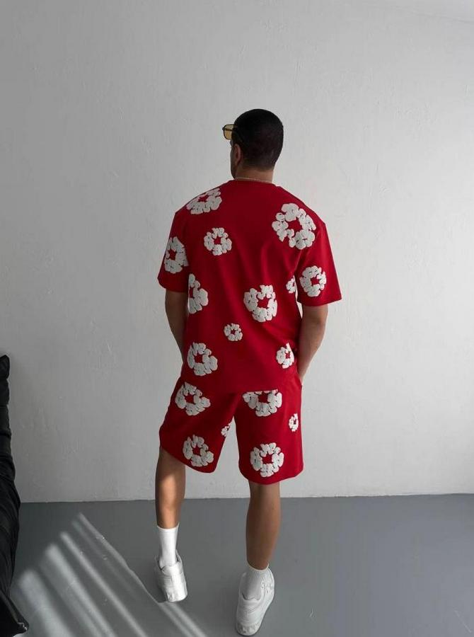 Iki Iplik Kumaş Baskılı T-Shirt Şortlu Takım- Kırmızı