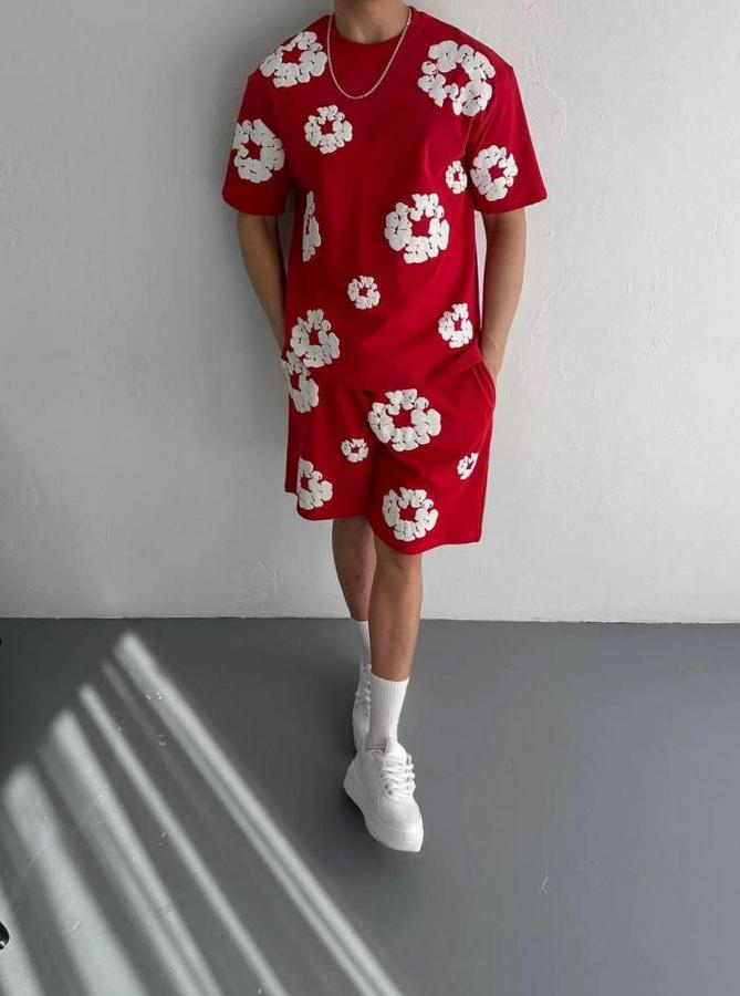 Iki Iplik Kumaş Baskılı T-Shirt Şortlu Takım- Kırmızı