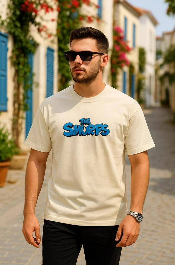 Ön Ve Arka Baskılı Oversize Bisiklet Yaka T-Shirt- Beyaz