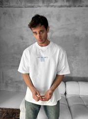 Ön Ve Arka Baskılı Oversize Bisiklet Yaka T-Shirt- Beyaz