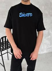 Ön Ve Arka Baskılı Oversize Bisiklet Yaka T-Shirt- Siyah