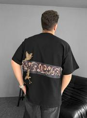 Ön Ve Arka Baskılı Oversize Bisiklet Yaka T-Shirt