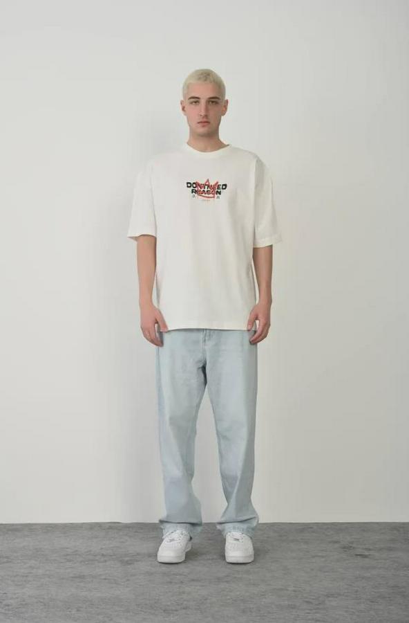 Unisex Bisiklet Yaka Baskılı Oversize T-Shirt