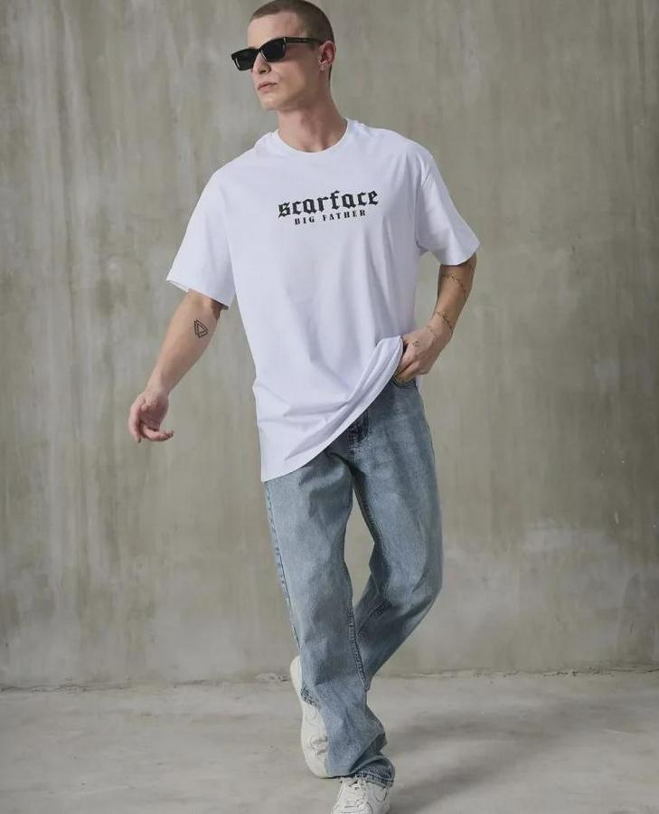 Unisex Bisiklet Yaka Baskılı Oversize T-Shirt