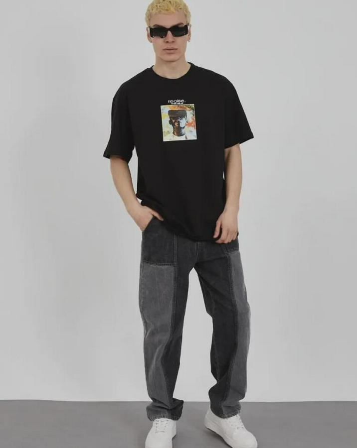 Unisex Bisiklet Yaka Baskılı Oversize T-Shirt