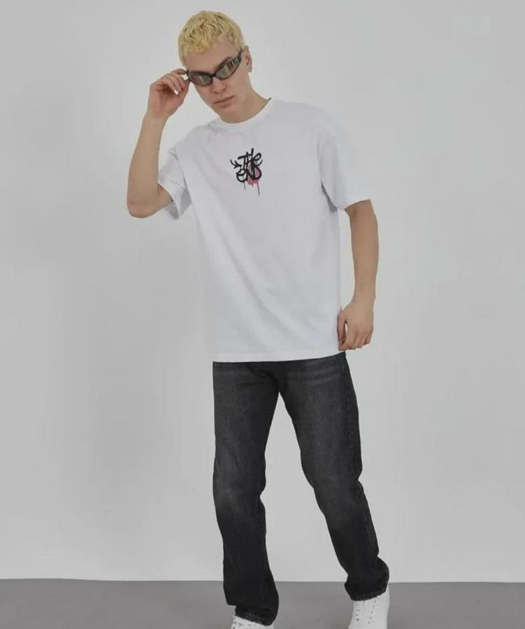 Unisex Bisiklet Yaka Baskılı Oversize T-Shirt