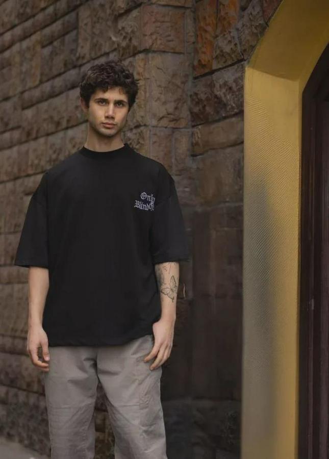 Unisex Bisiklet Yaka Baskılı Oversize T-Shirt