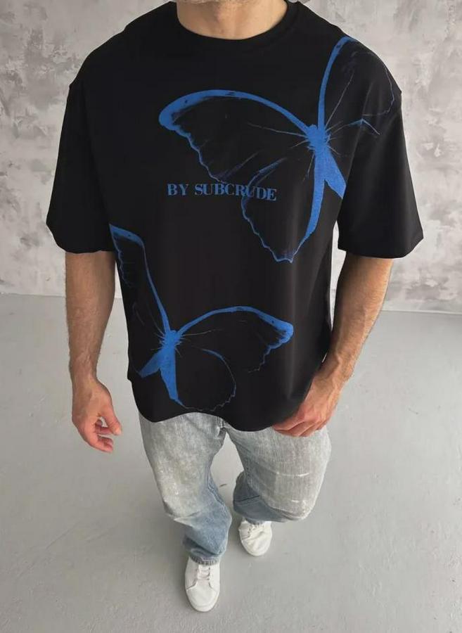 Unisex Bisiklet Yaka Baskılı Oversize T-Shirt