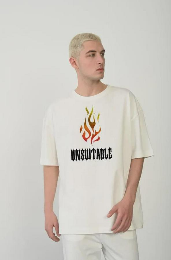 Unisex Bisiklet Yaka Baskılı Oversize T-Shirt