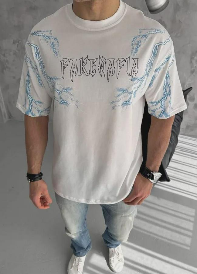 Unisex Bisiklet Yaka Baskılı Oversize T-Shirt