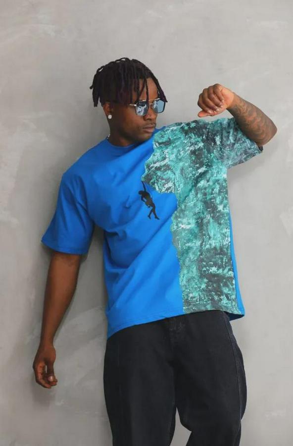 Unisex Bisiklet Yaka Baskılı Oversize T-Shirt