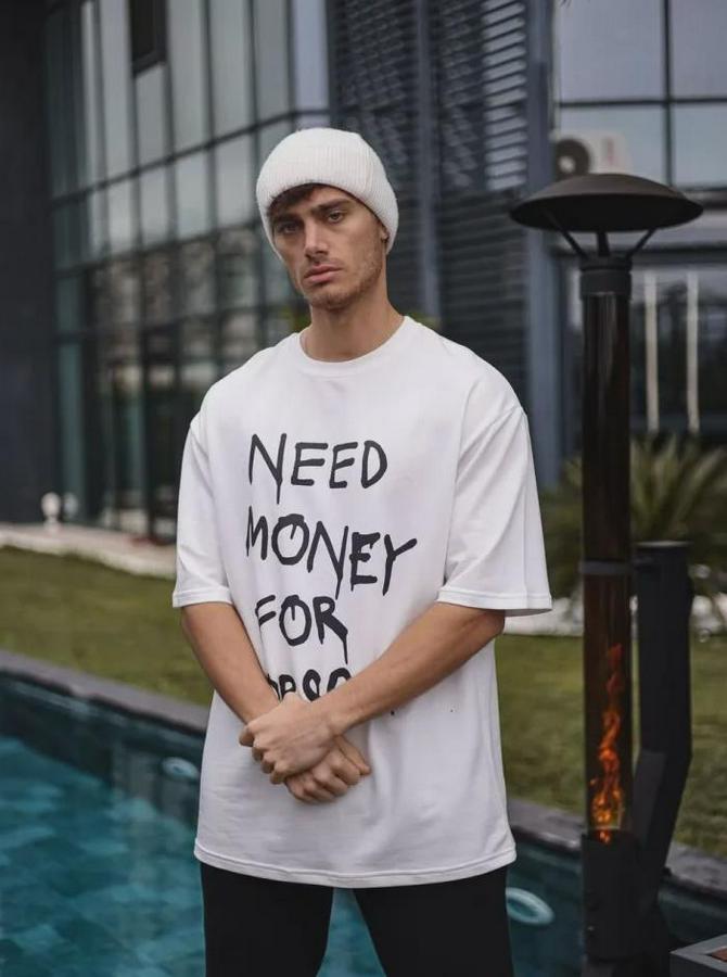 Unisex Bisiklet Yaka Baskılı Oversize T-Shirt