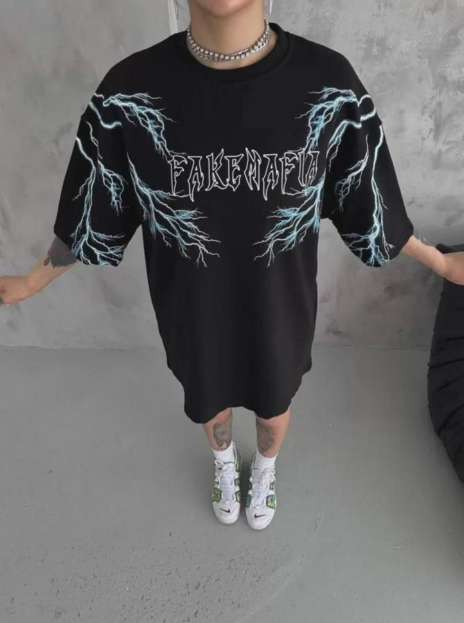 Unisex Bisiklet Yaka Baskılı Oversize T-Shirt