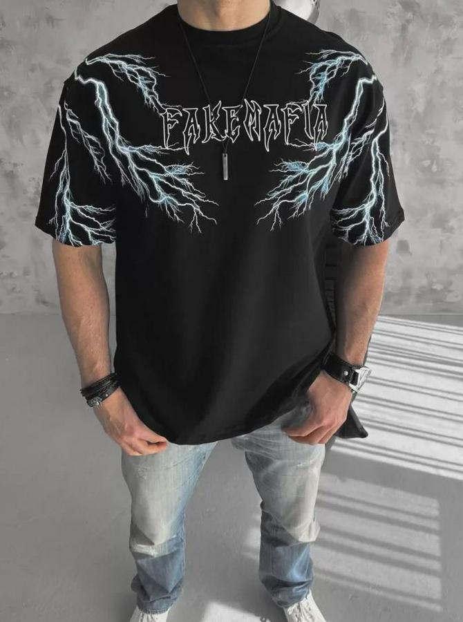 Unisex Bisiklet Yaka Baskılı Oversize T-Shirt-Siyah