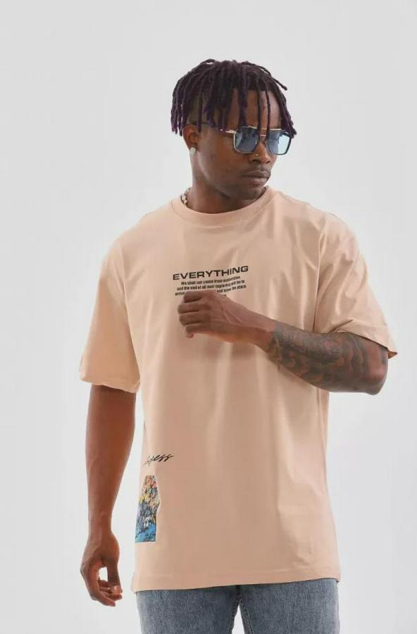 Unisex Bisiklet Yaka Baskılı Oversize T-Shirt