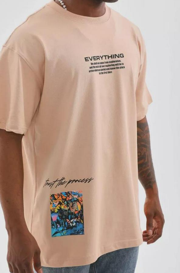 Unisex Bisiklet Yaka Baskılı Oversize T-Shirt