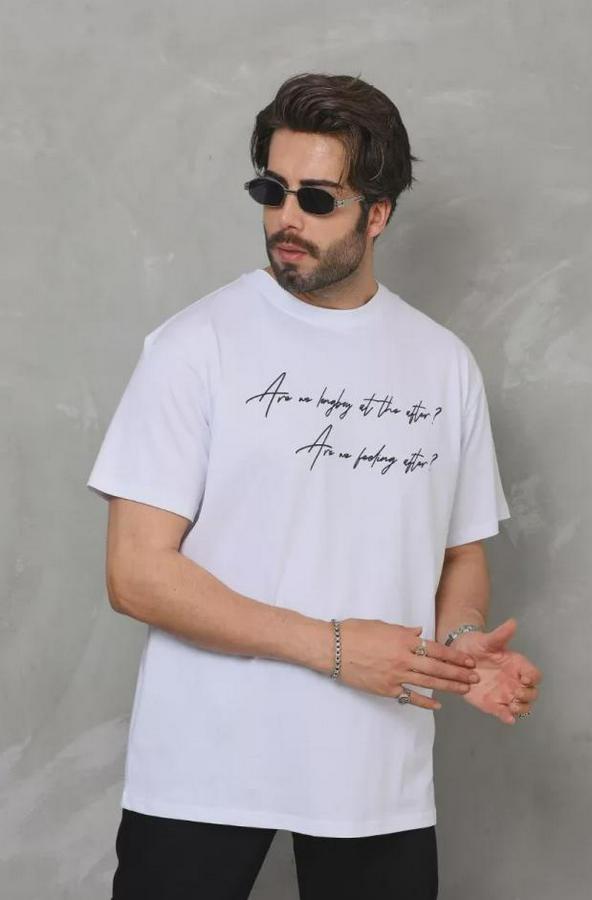 Unisex Bisiklet Yaka Baskılı Oversize T-Shirt