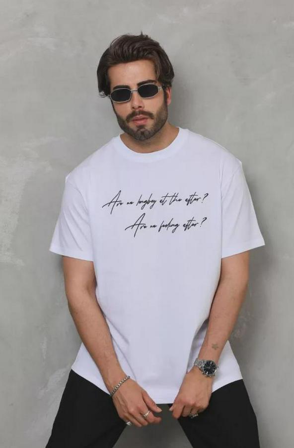 Unisex Bisiklet Yaka Baskılı Oversize T-Shirt