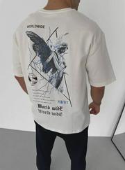 Unisex Bisiklet Yaka Baskılı Oversize T-Shirt