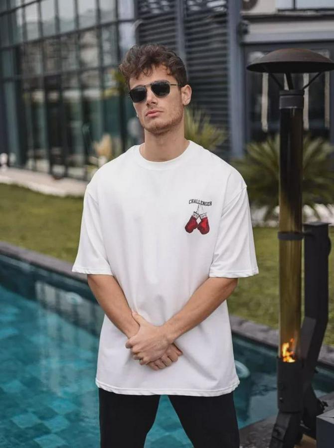 Unisex Bisiklet Yaka Baskılı Oversize T-Shirt